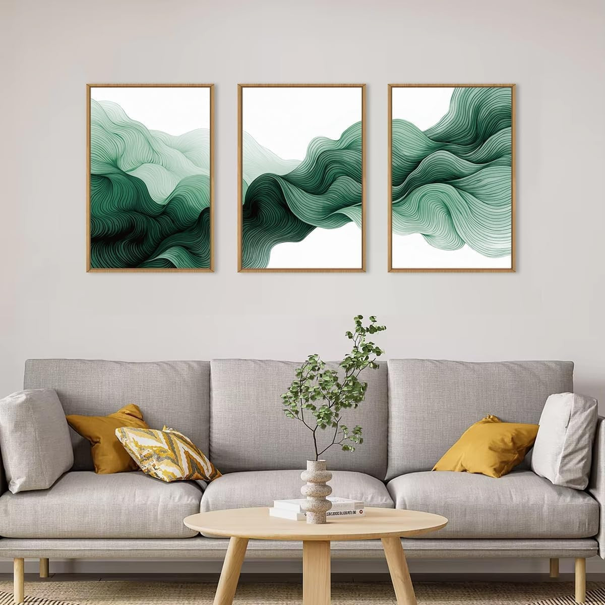 Large Green Abstract Canvas Wall Art Set 3 Modern Minimalist Prints