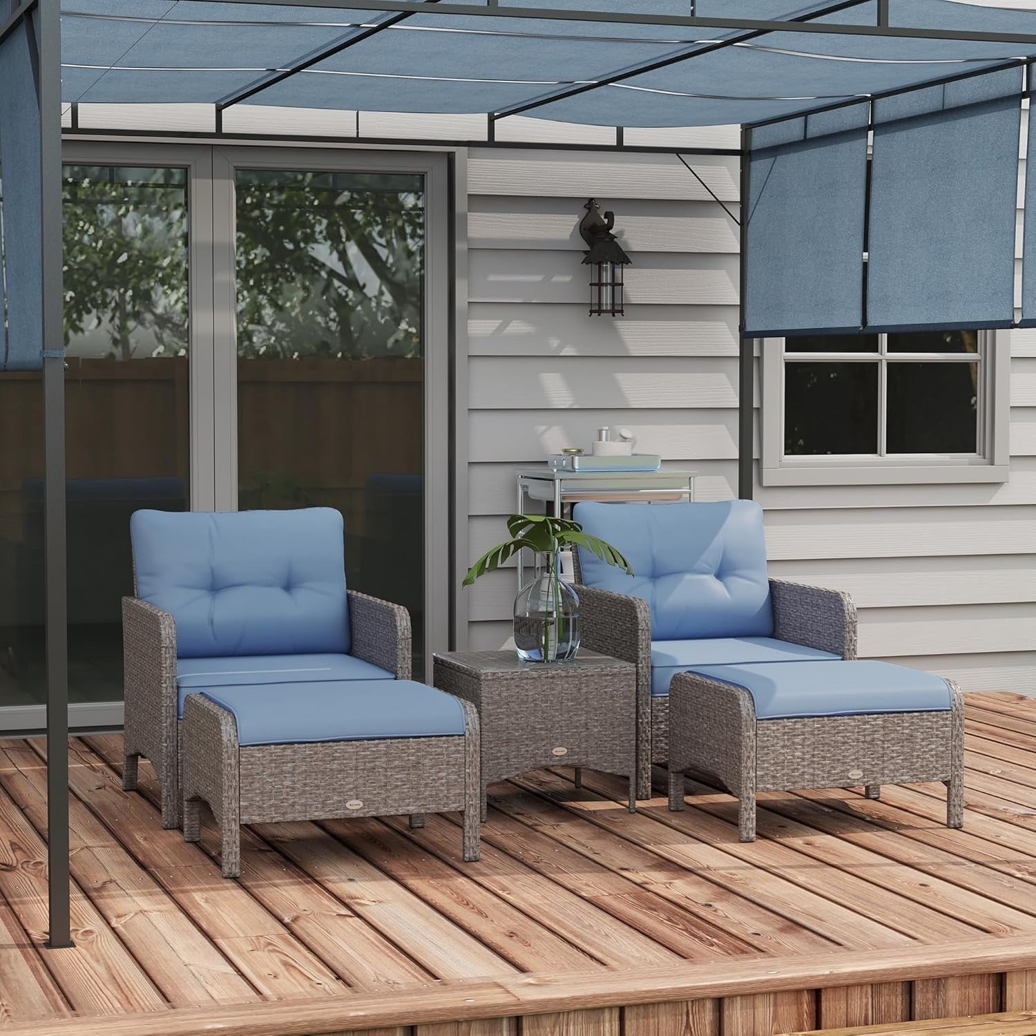 5pc Rattan Garden Furniture Set Outdoor Chairs Table Stools Blue Cushions