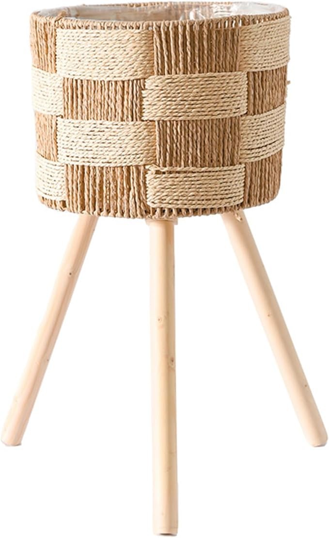 Rattan Plant Stand Indoor Outdoor Tripod Wooden Legs Flower Pot Basket Holder