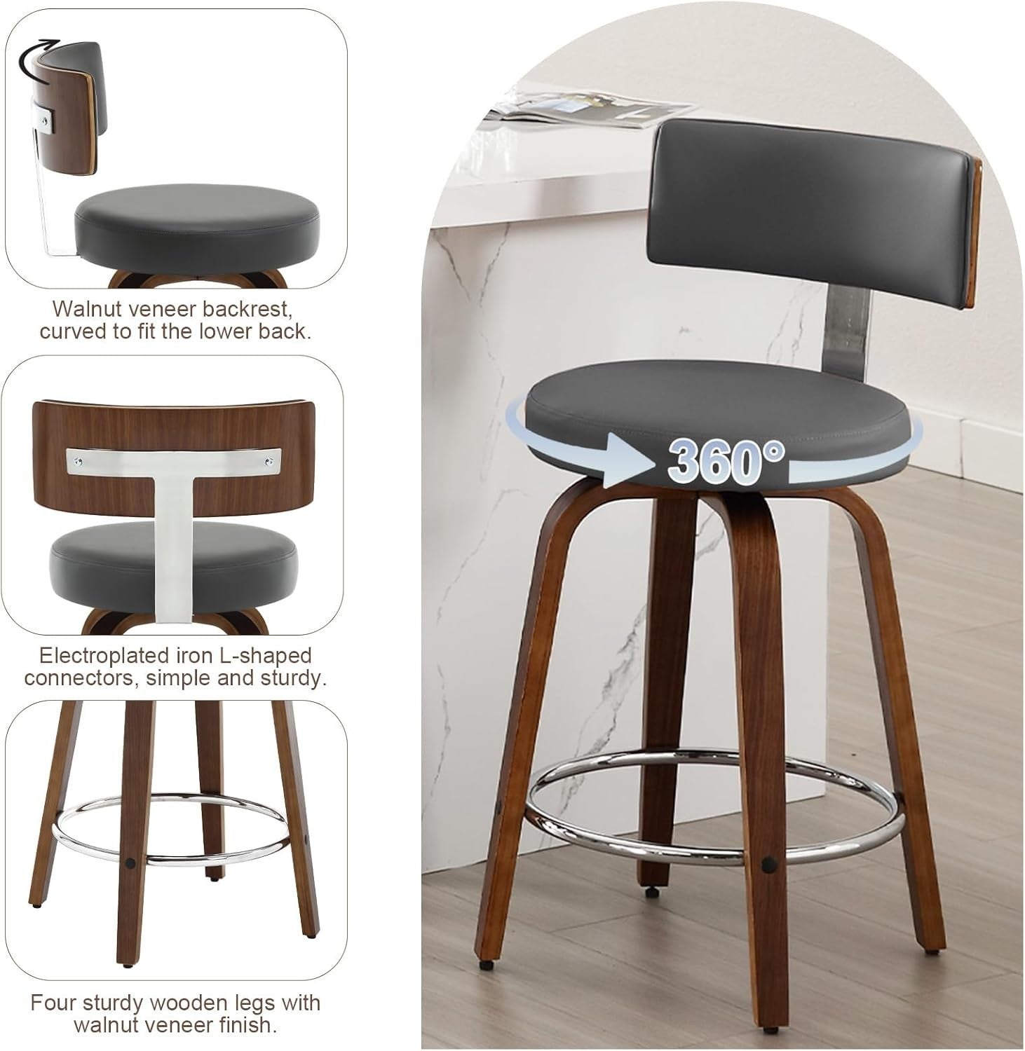 Gray Round PU Leather Swivel Bar Stools Set of 2 | Wooden Counter Chairs