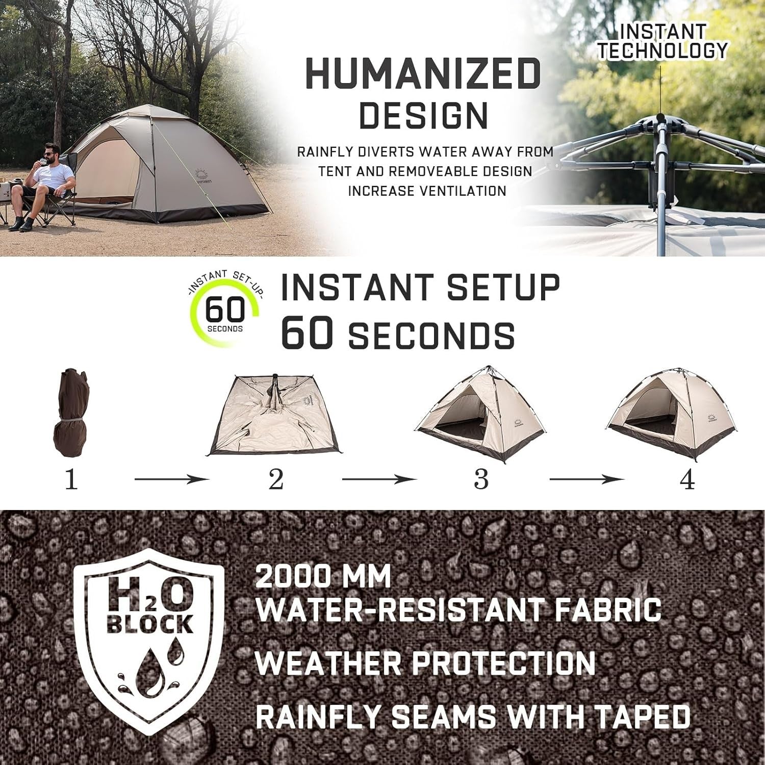 2 Man Pop Up Camping Tent Waterproof Instant Double Layer Dome