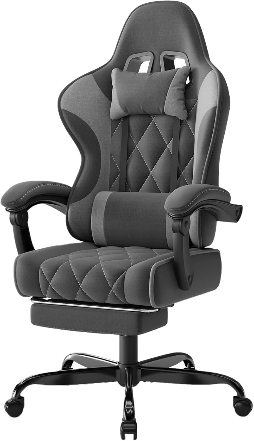 Ergonomic Fabric Gaming Chair Recliner w/ Footrest & Lumbar Support
