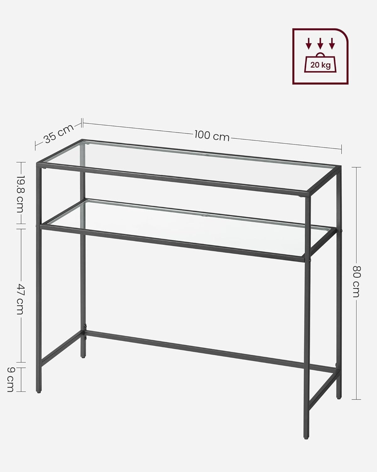 Console Table Black Metal Frame Tempered Glass | 2 Tier 35D x 100W x 80H cm