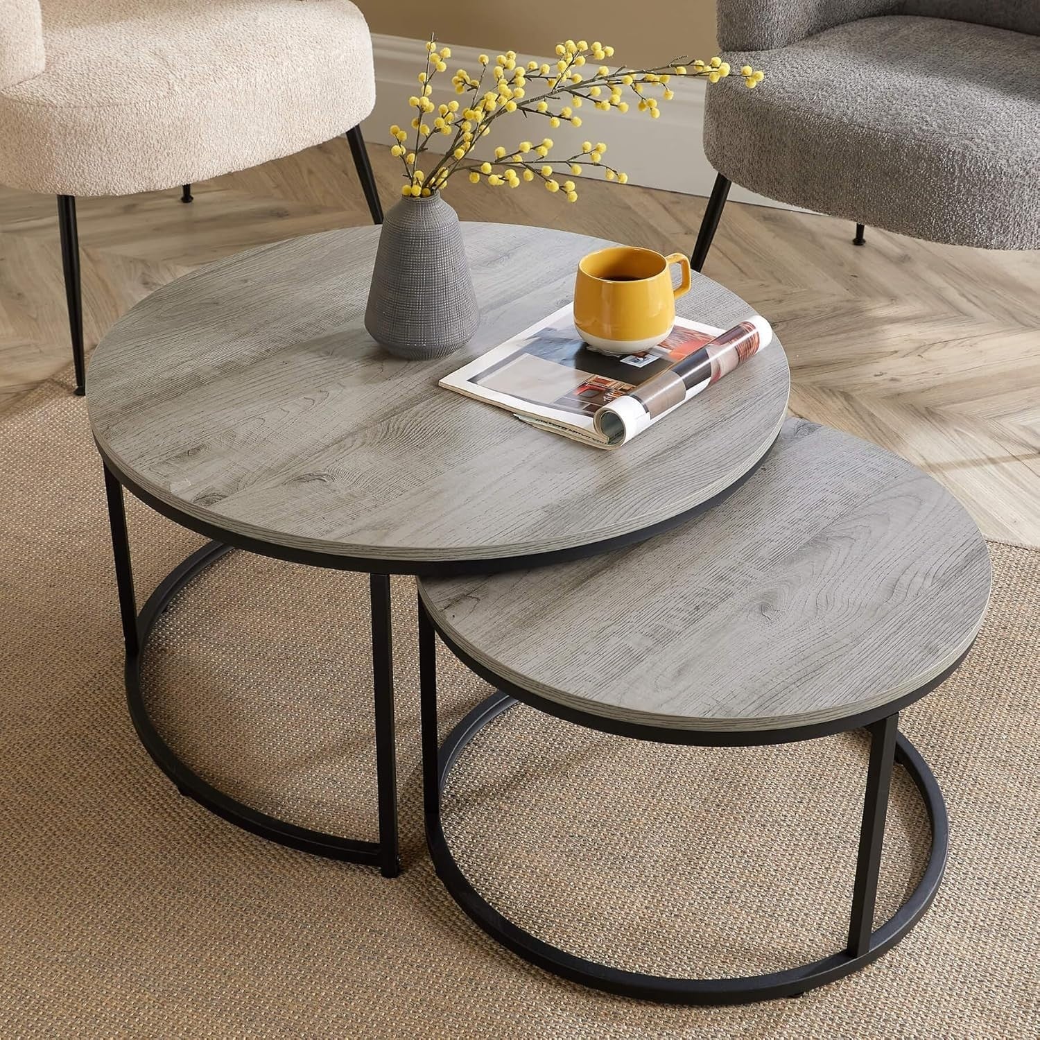 Modern Nesting Coffee Table Set 2 Round Grey Metal Stackable Industrial Style