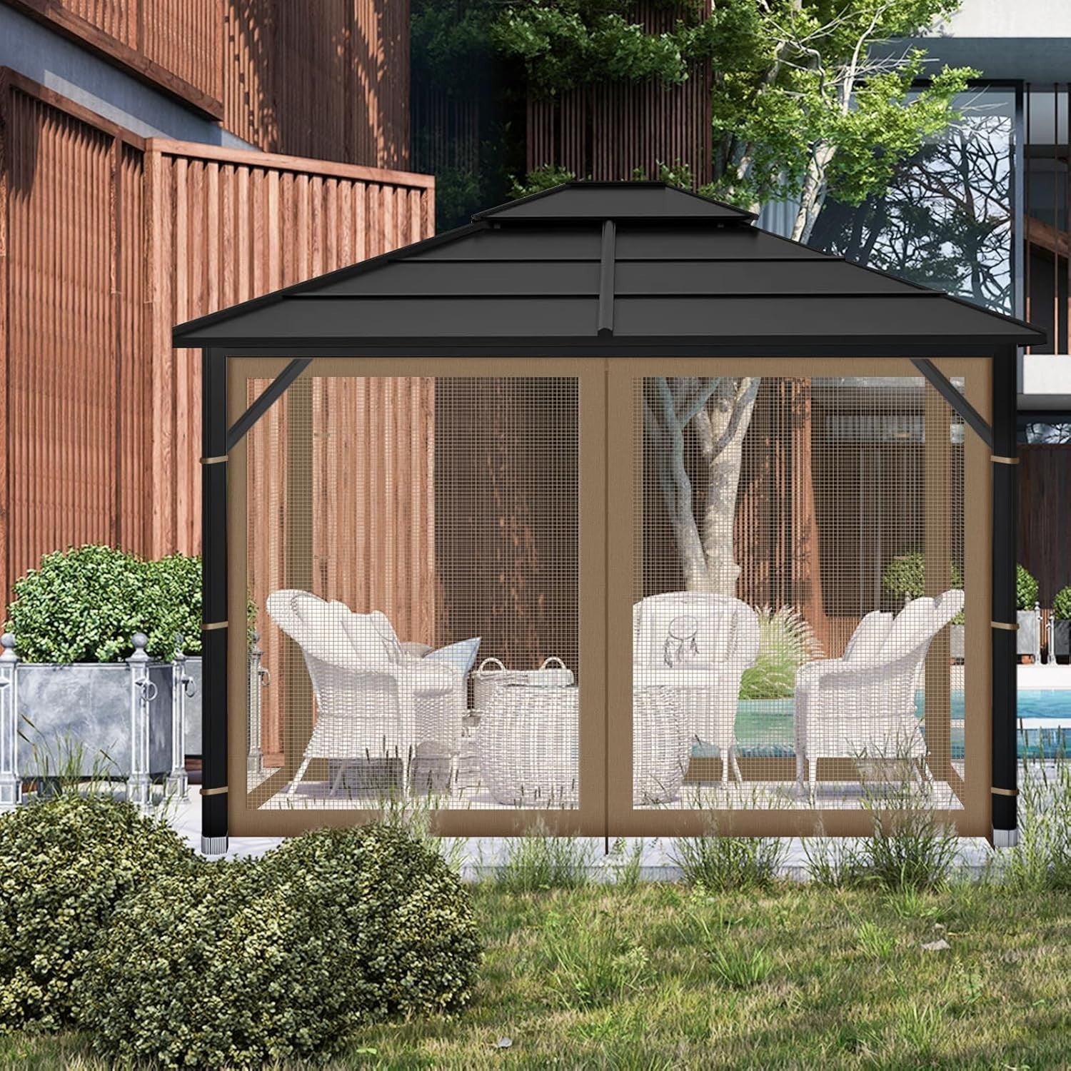 10x10ft Brown Gazebo Mosquito Netting 4 Panels Zipper Sidewalls Outdoor