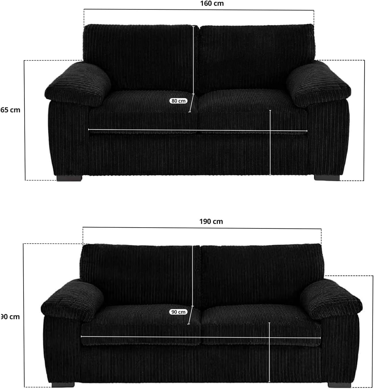 Black Jumbo Cord 3+2 Seater Sofa Set Deep Cushions Comfy Recliner UK
