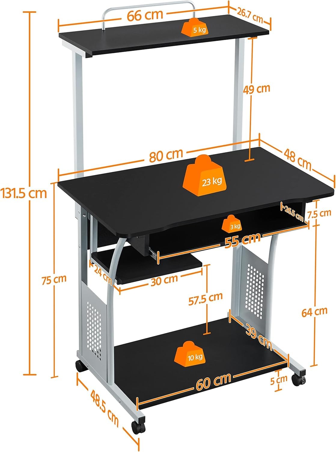 3 Tier Computer Desk with Printer Shelf Keyboard Tray Rolling Home Office