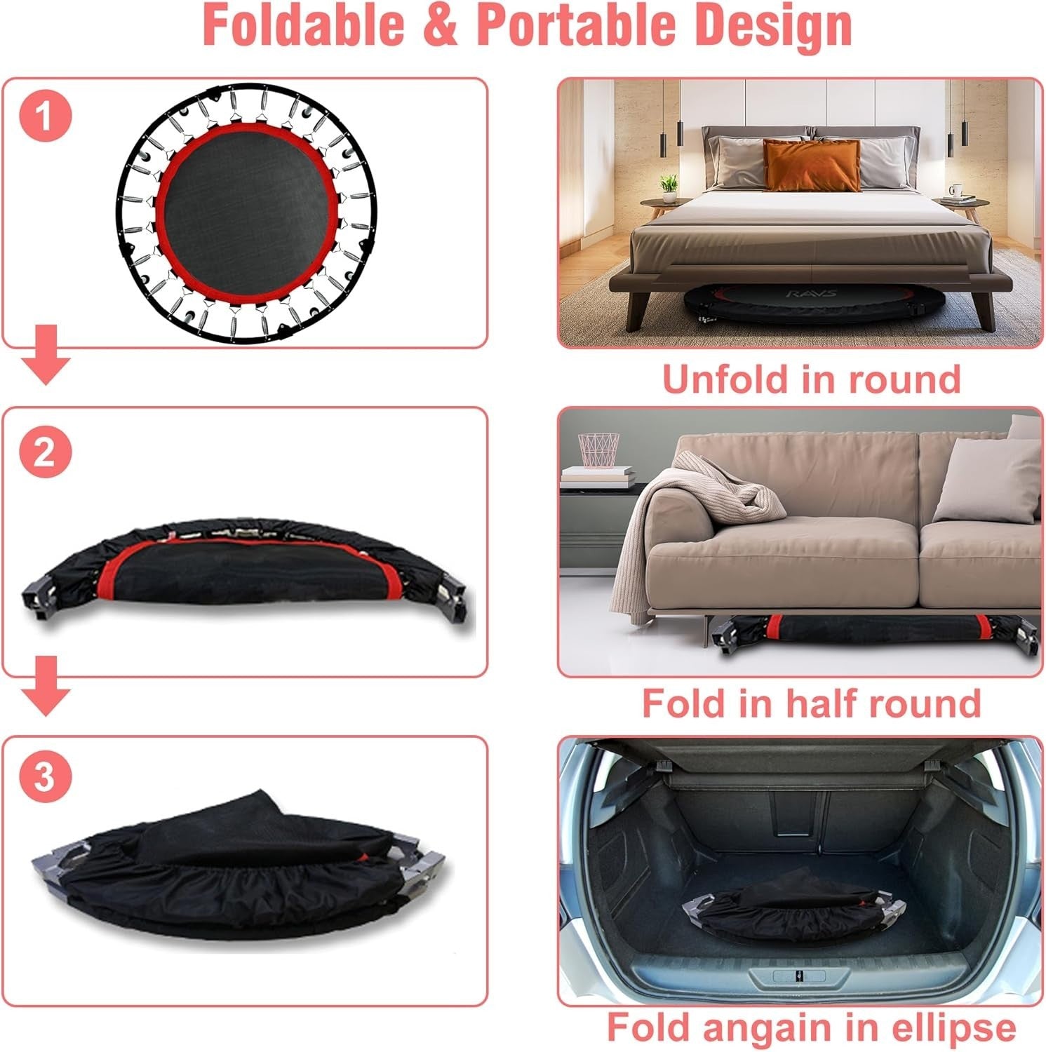 40in Foldable Fitness Rebounder Trampoline Adjustable Bar 450lb