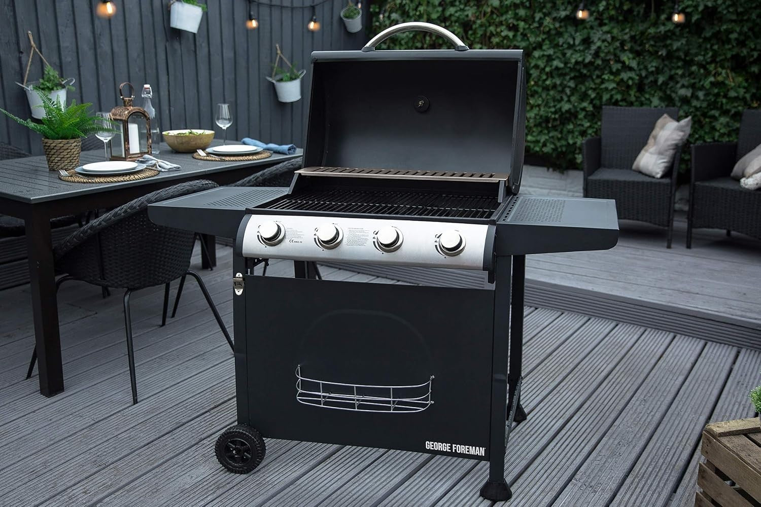 4 Burner Gas BBQ Grill with Thermometer & Shelves | Outdoor Family Barbecue