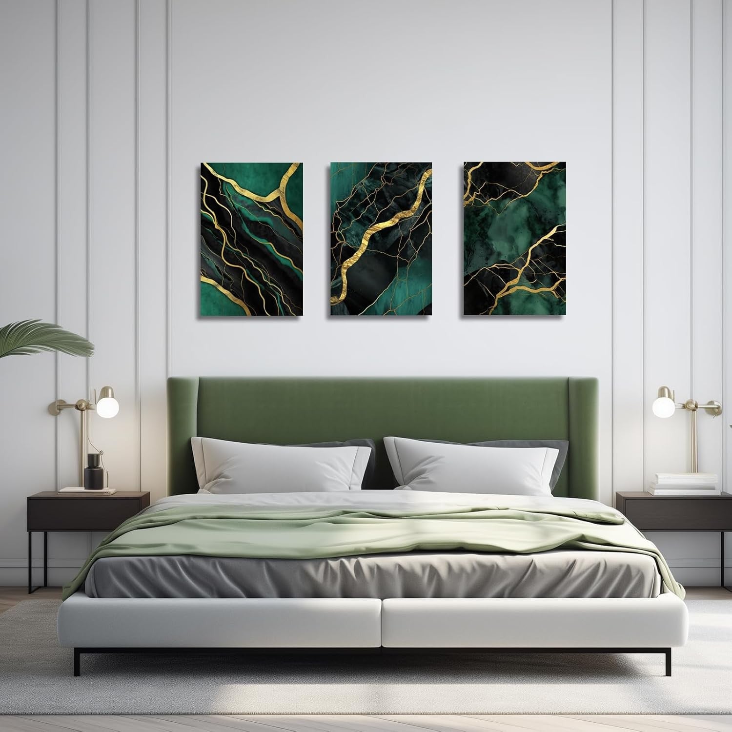3Pcs Emerald Green & Gold Abstract Canvas – Marble Texture Framed Wall Art
