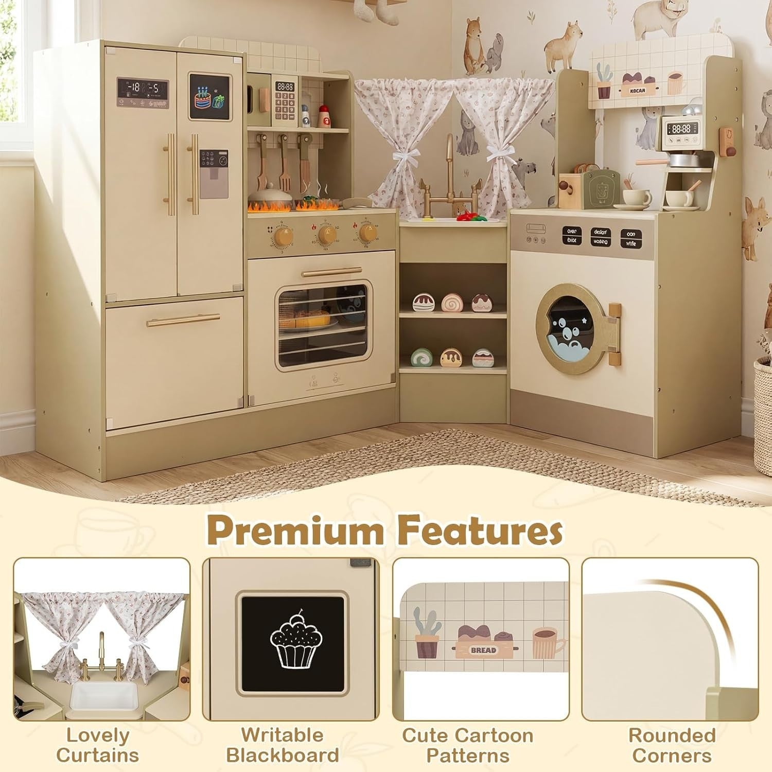 Corner Kids Play Kitchen Green w/ Fridge Coffee Maker Accessories