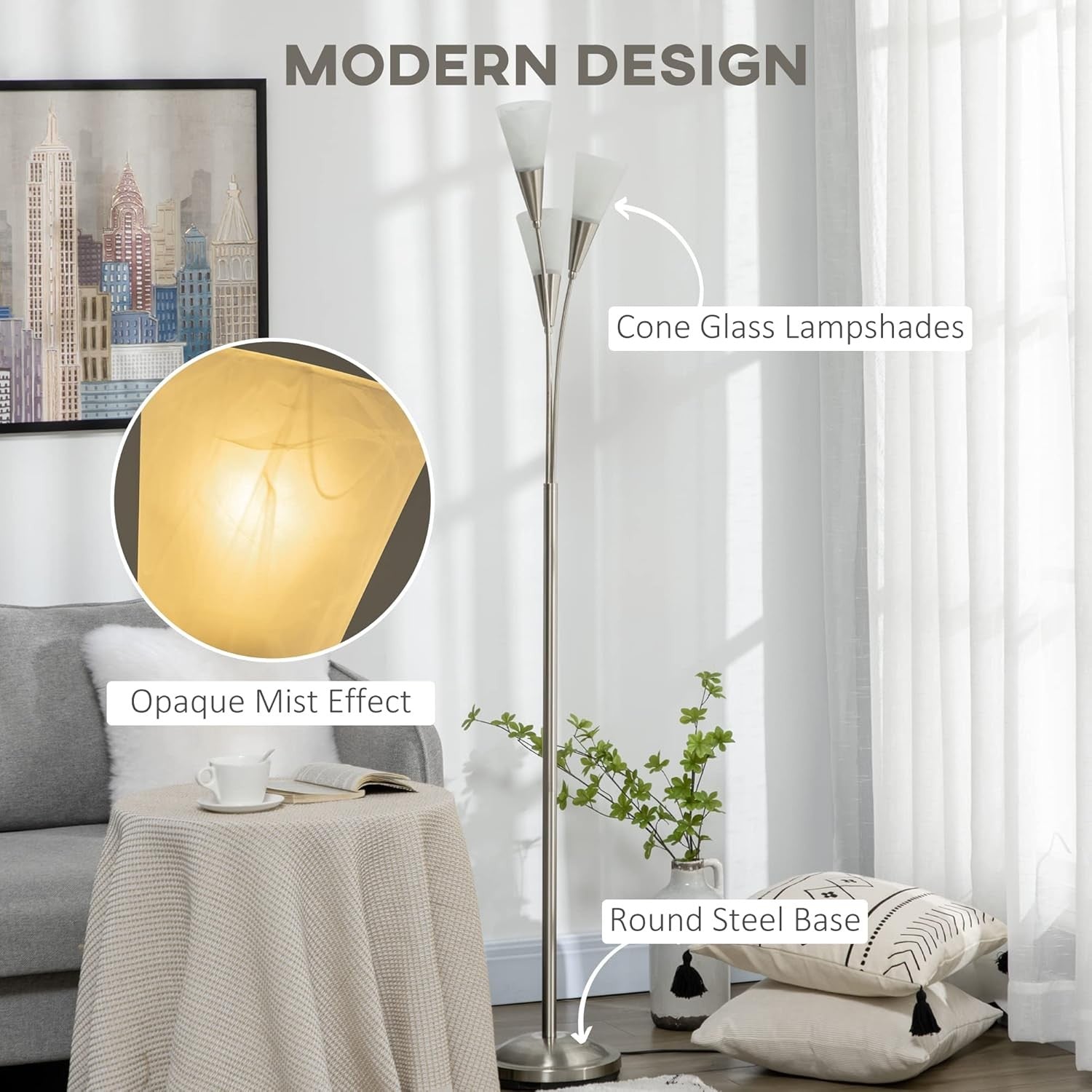 3 Light Silver Floor Lamp Modern Upright Standing Reading Lamp Living Room