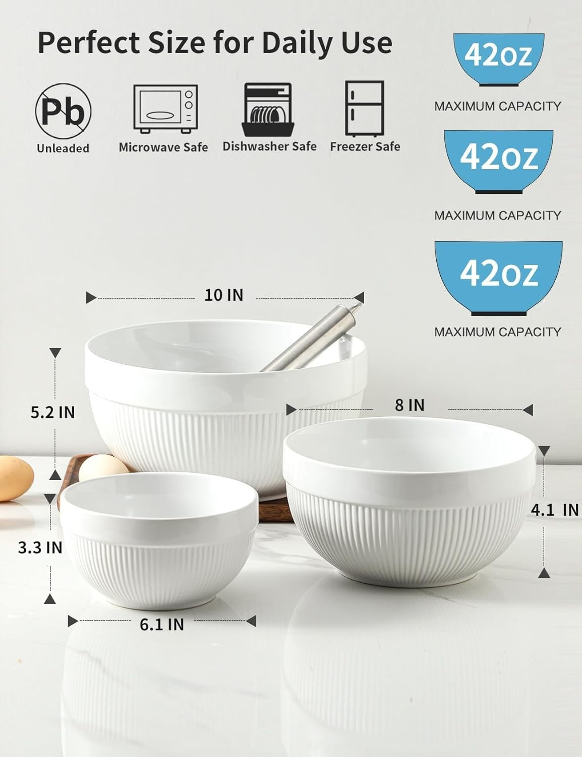 3 Pcs White Ceramic Mixing Bowls Nesting Microwave Oven Safe Set