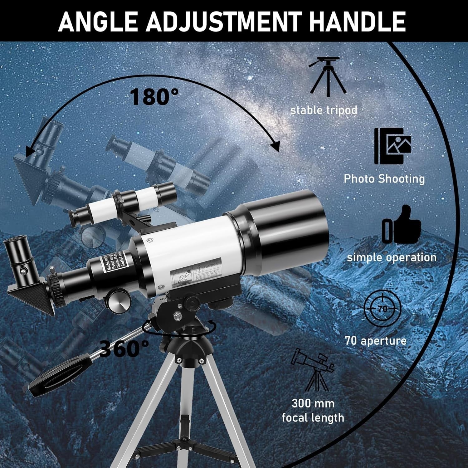 Portable 70mm Kids & Adults Telescope 150X Refractor with Tripod & Phone Mount
