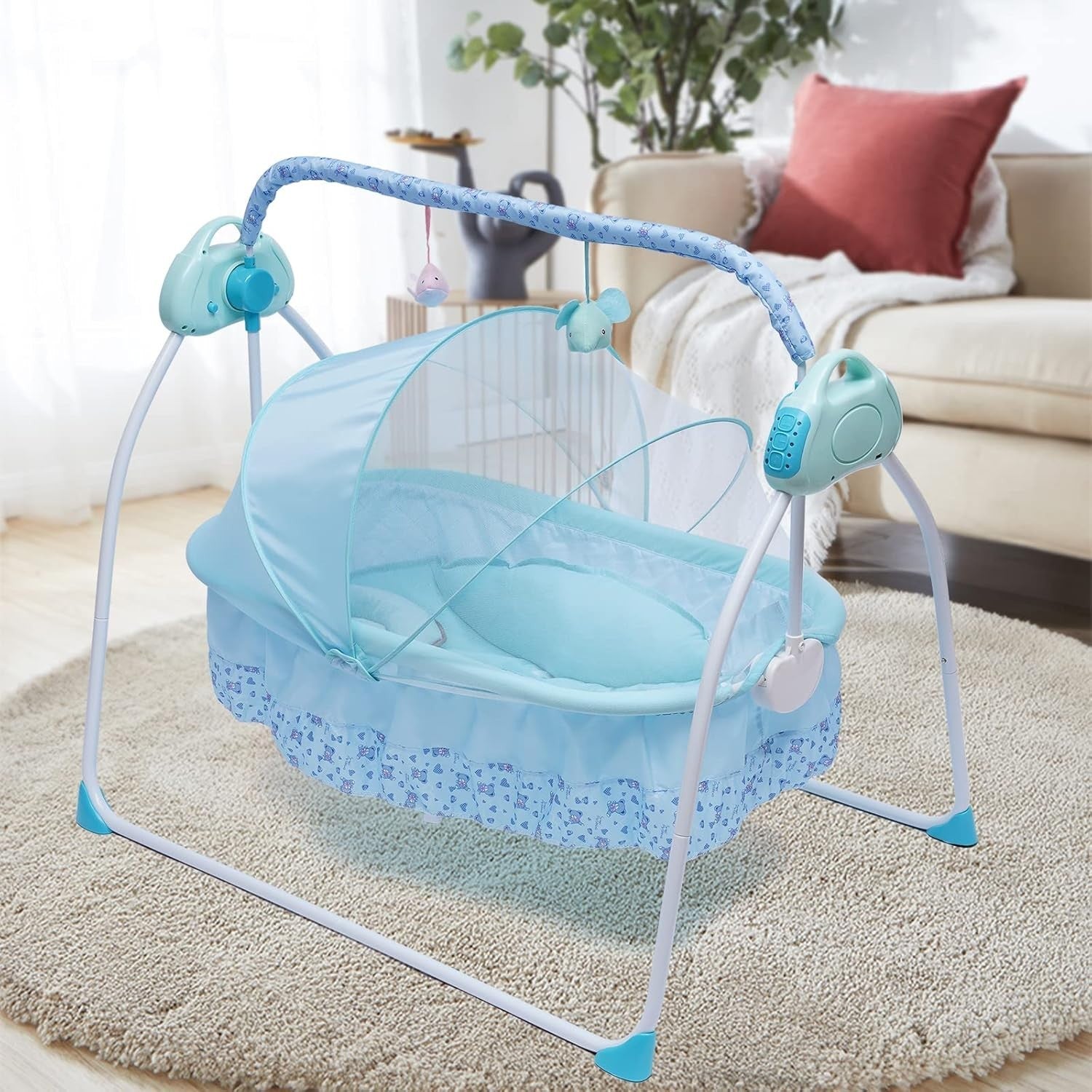 Electric Baby Cradle Rocking Swing Bassinet with Music Timer & Mosquito Net Blue