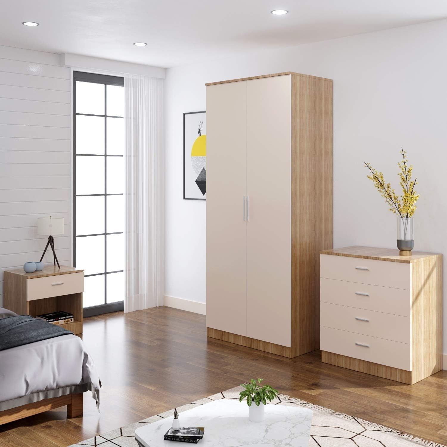 2 Door Wardrobe High Gloss Cream Oak Modern Storage Soft Close Bedroom