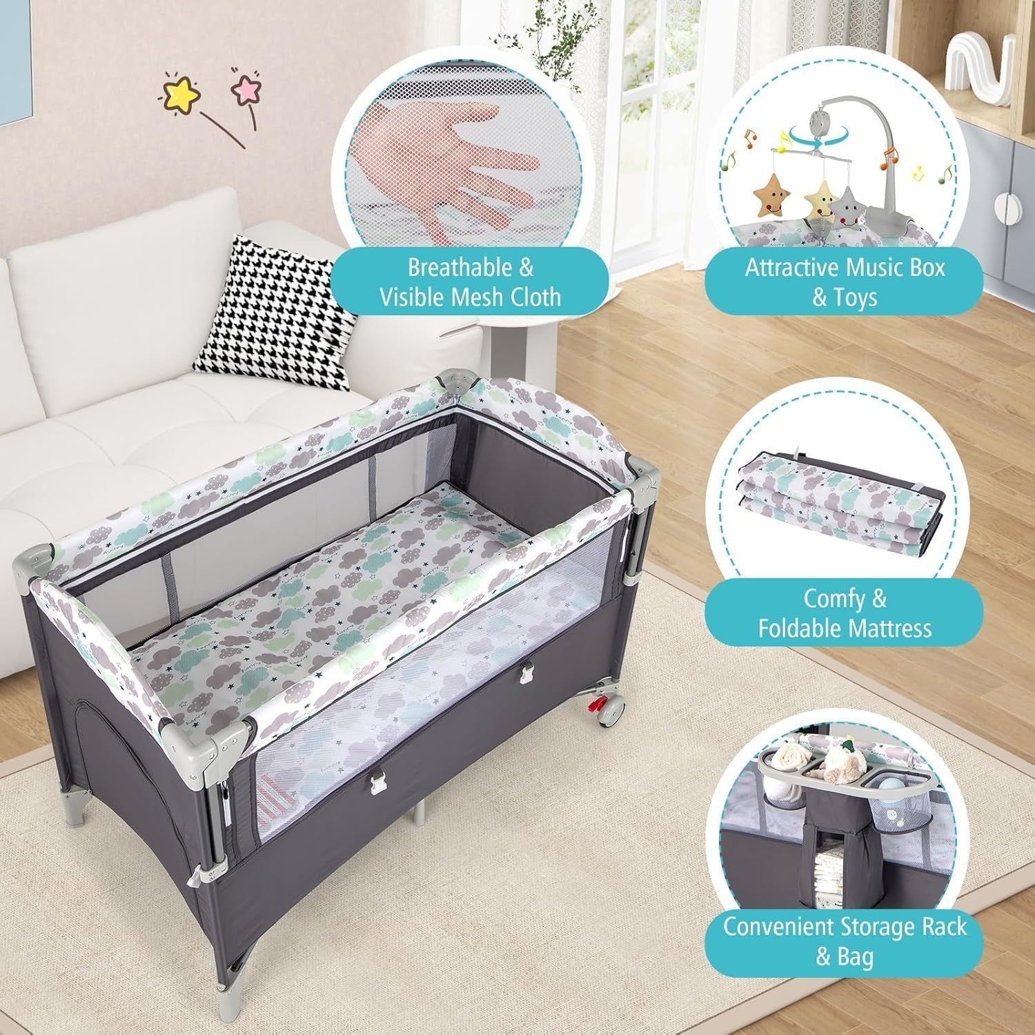 5in1 Baby Travel Cot Foldable Crib with Mattress Basket Changer & Storage Dark