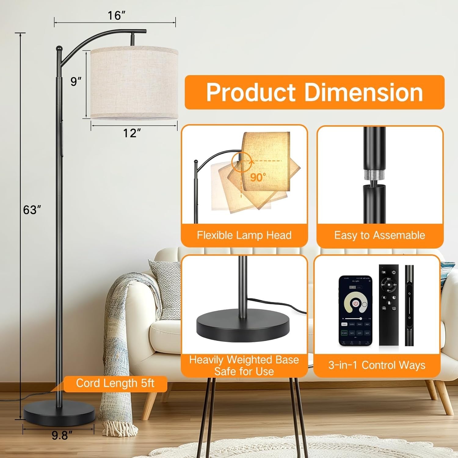 Dimmable Floor Lamp Remote App Touch Control LED Standing Light Black