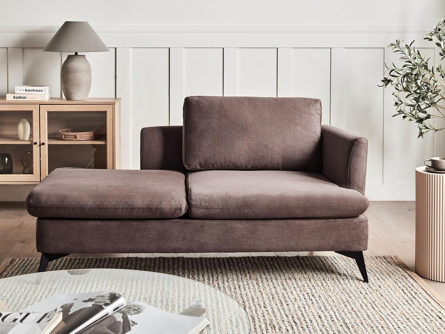 Brown Right Hand Chaise Lounge | Water-Repellent Fabric + Cushion, Modern Sofa