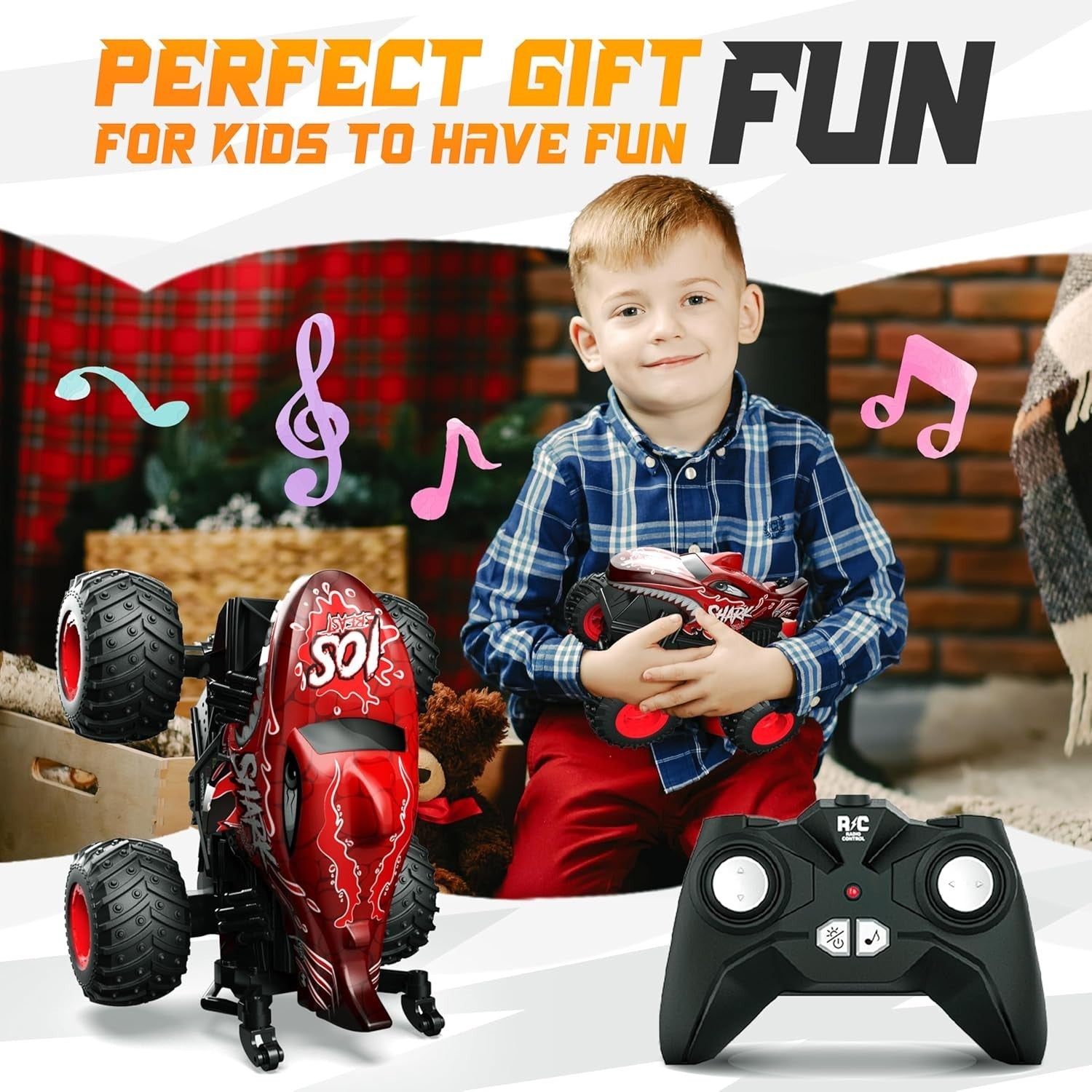RC Monster Truck Car for Kids 3+ – 360° Spin, LED Lights & Music Toy