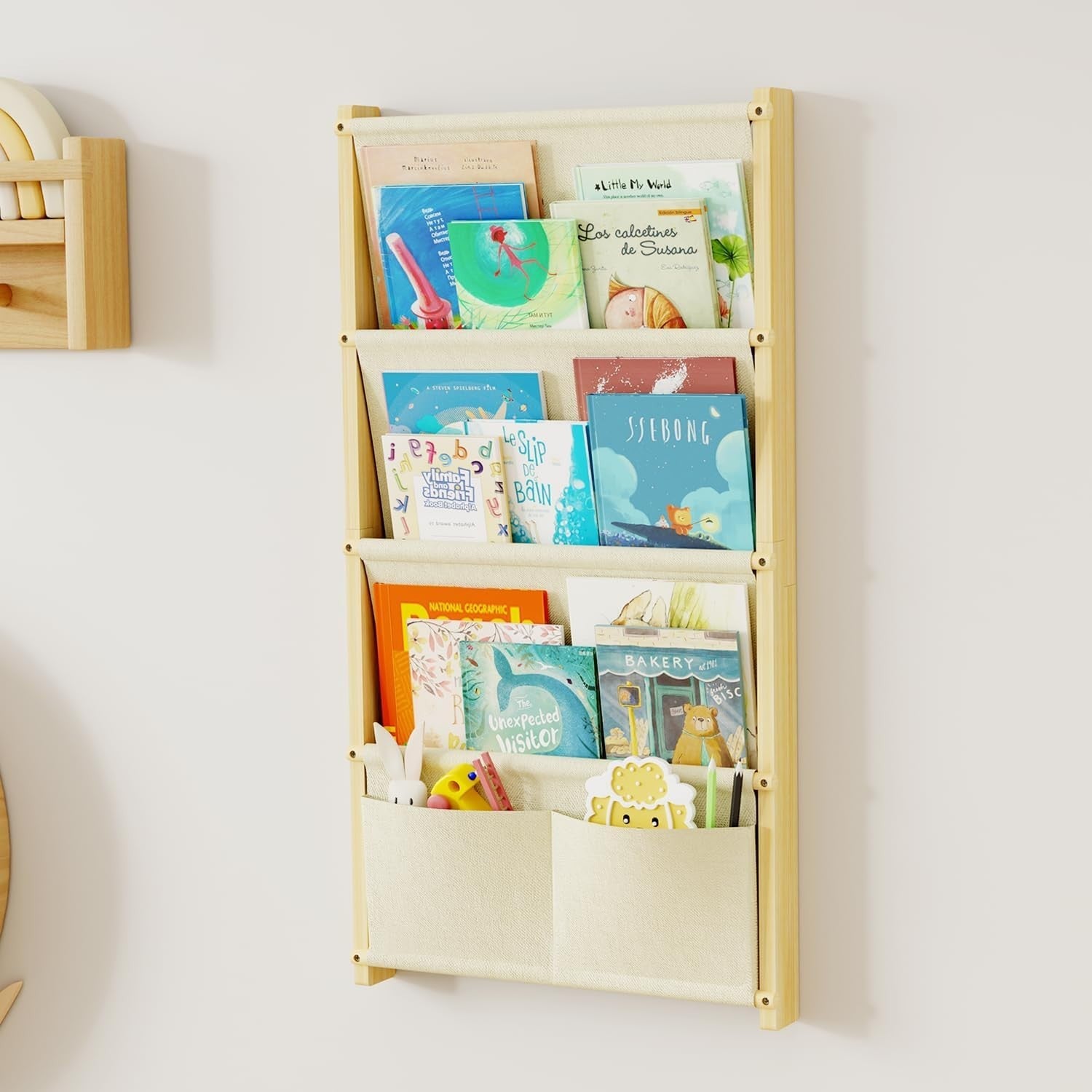 Wall Mounted Kids Bookshelf 4-Tier Solid Wood Floating Book Rack Organizer