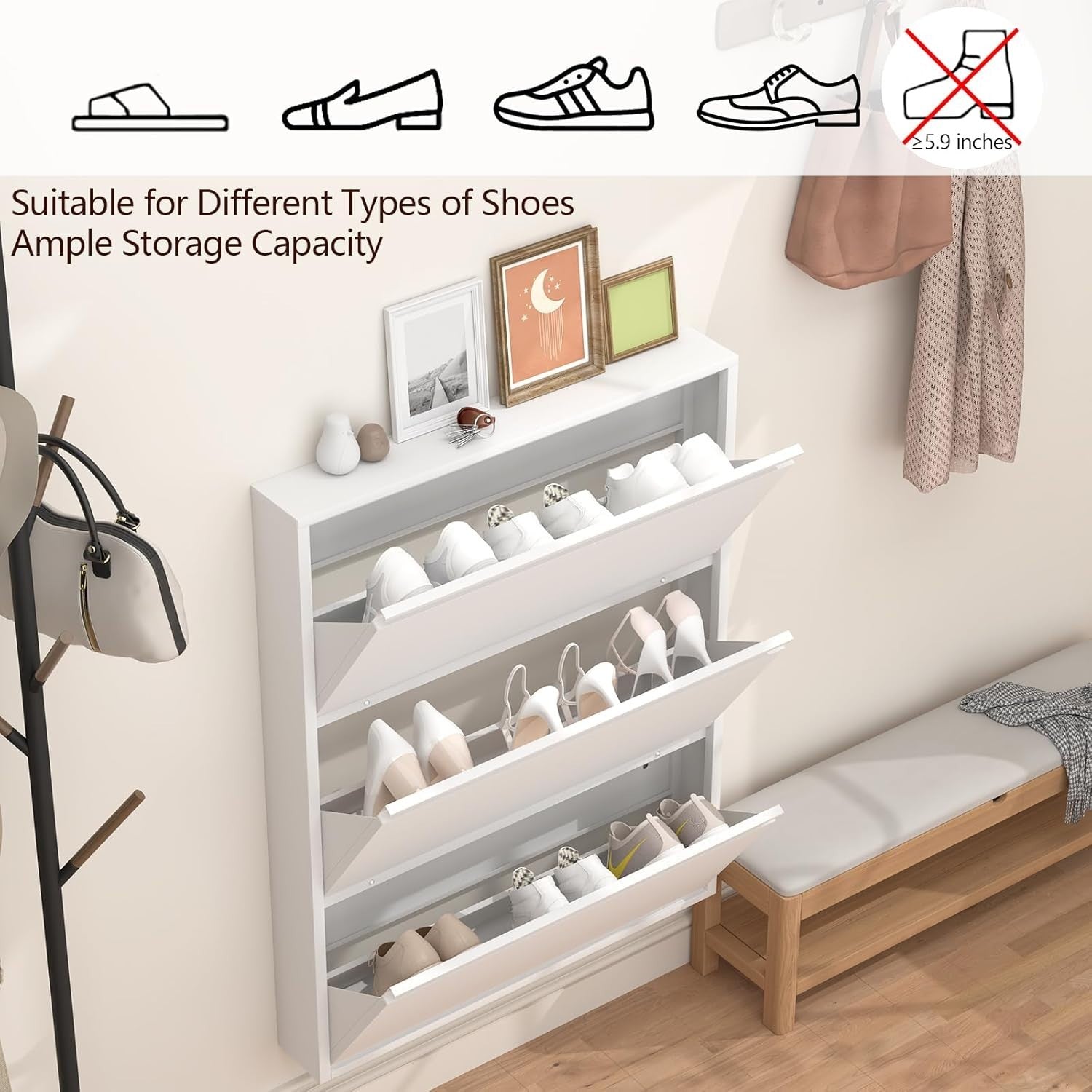 Wall Mounted Narrow Metal Shoe Cabinet 3 Flip Drawers Slim Storage