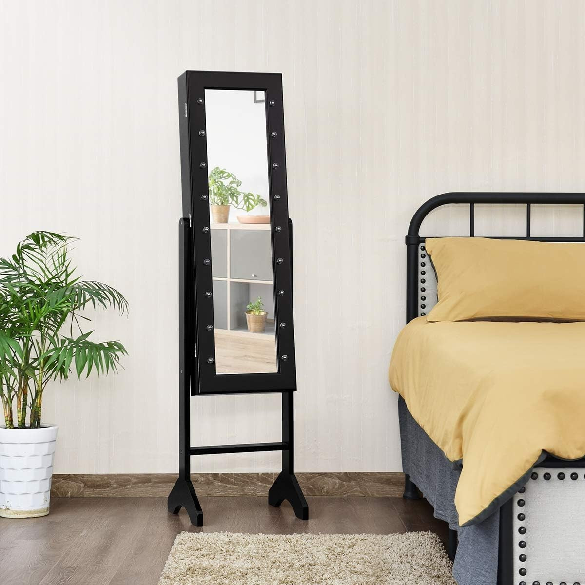 Black LED Full Length Mirror Jewelry Cabinet Lockable Freestanding Organizer