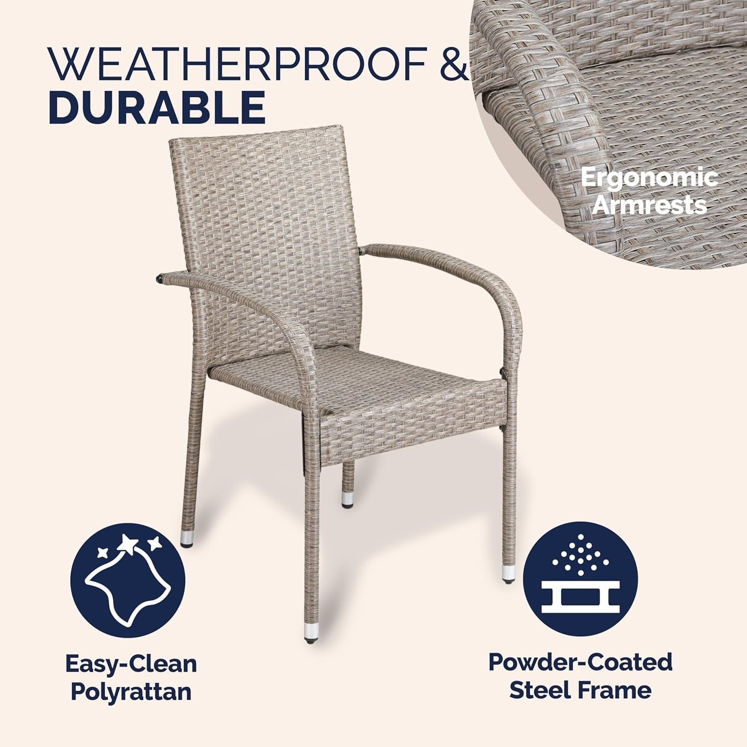 Cream Rattan Patio Armchairs Set of 8 Stackable Garden Dining Seating