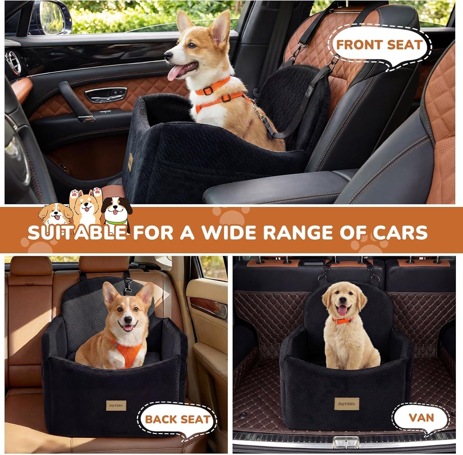 Dog Booster Car Seat Washable Travel Bed Safety Leash 40lb Black