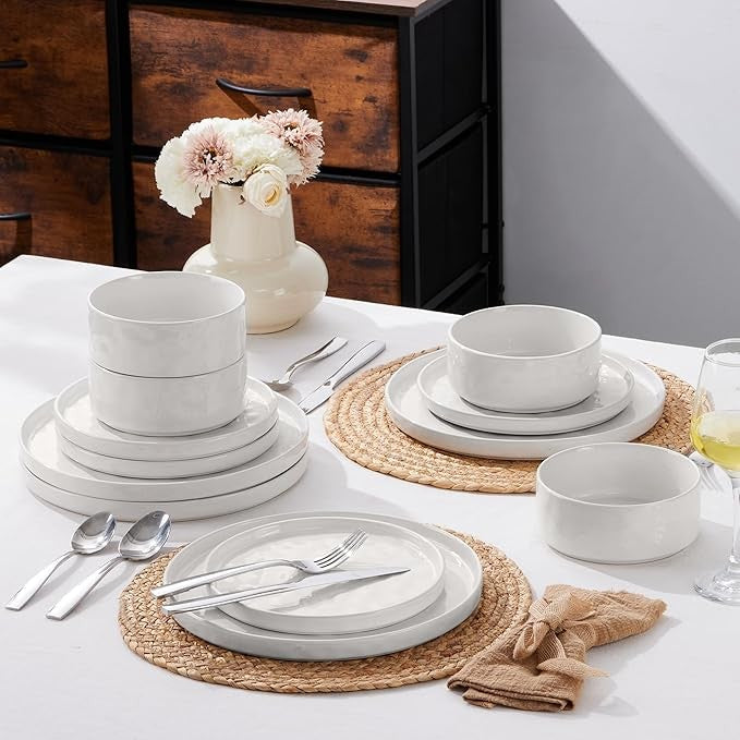12 Piece Stoneware Dinner Set for 4 Reactive Glaze Plates Bowls White