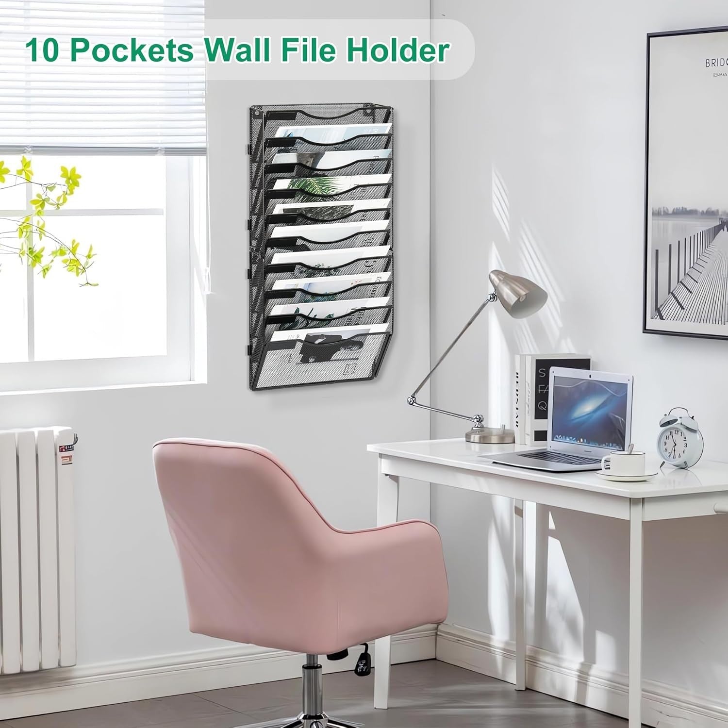 Wall-Mounted 10-Pocket Metal Desk Organizer | Vertical File & Magazine Rack