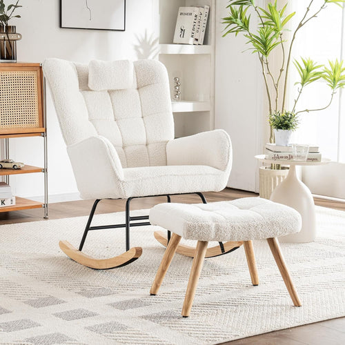 Tufted Rocking Chair with Footstool – High Back, Soft Linen, Solid Wood Legs