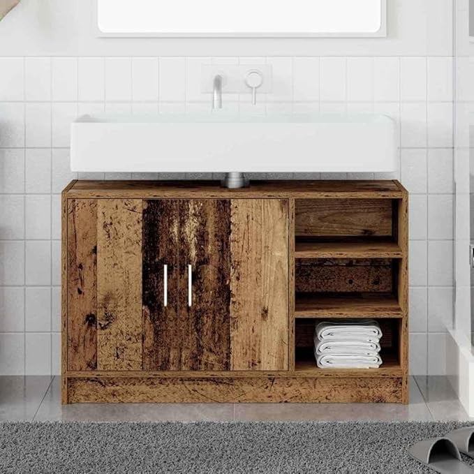 Rustic Brown Bathroom Sink Cabinet 90cm Modern Vanity Storage Unit with Shelves