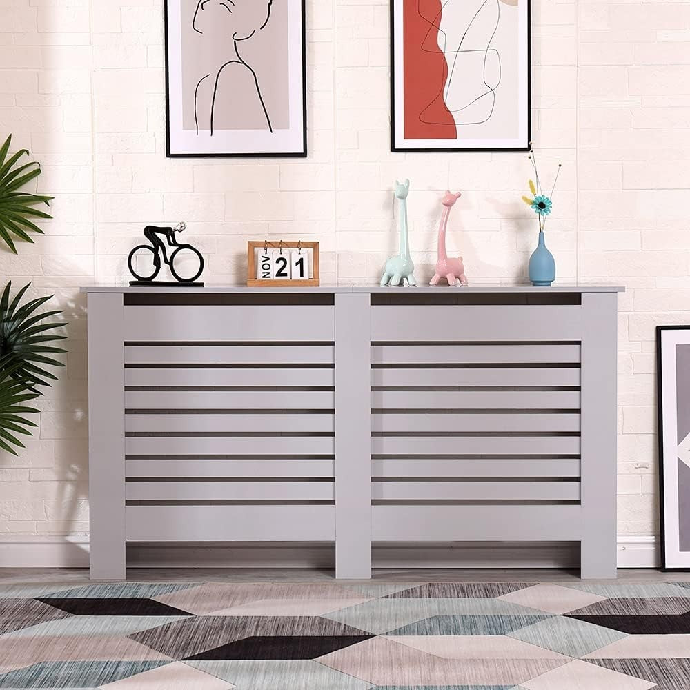 High Gloss Grey Radiator Cover Large 151cm Modern Slat Cabinet Display