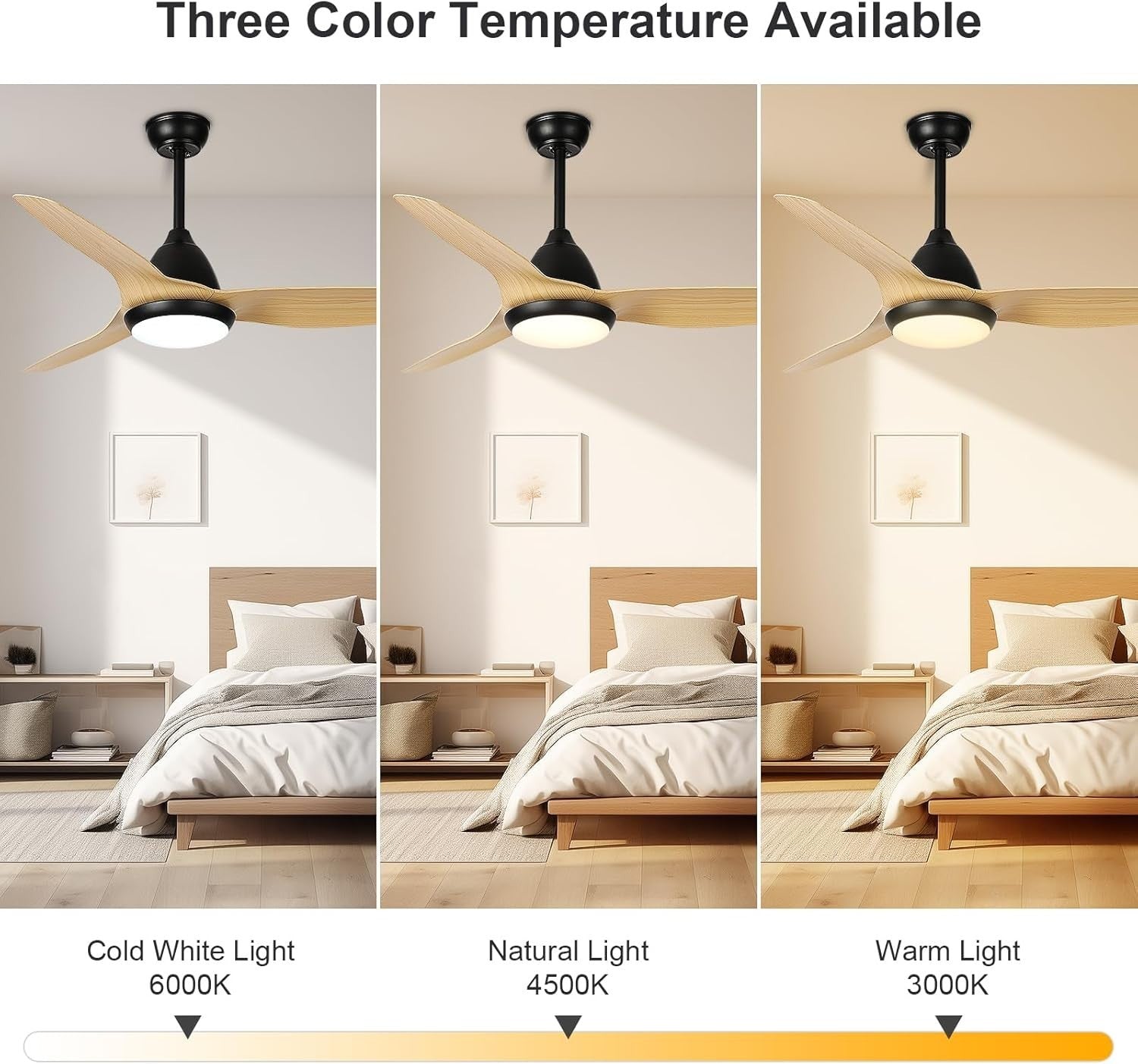 52" Ceiling Fan Light, 3 Blades, Dimmable LED, Remote, Quiet Wood Fan