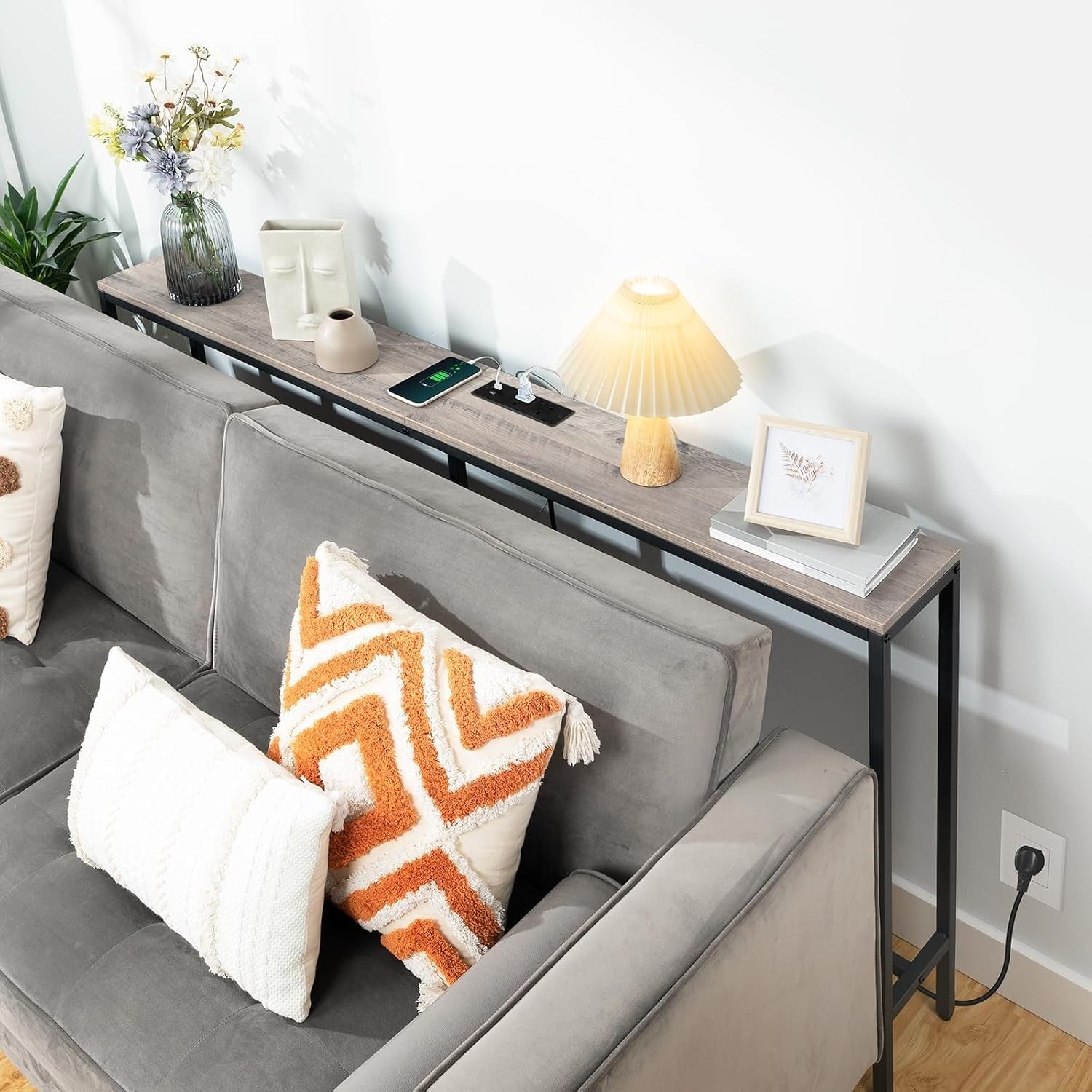 Power Strip Sofa Table 180cm Narrow Console with USB Ports & Rotatable Top