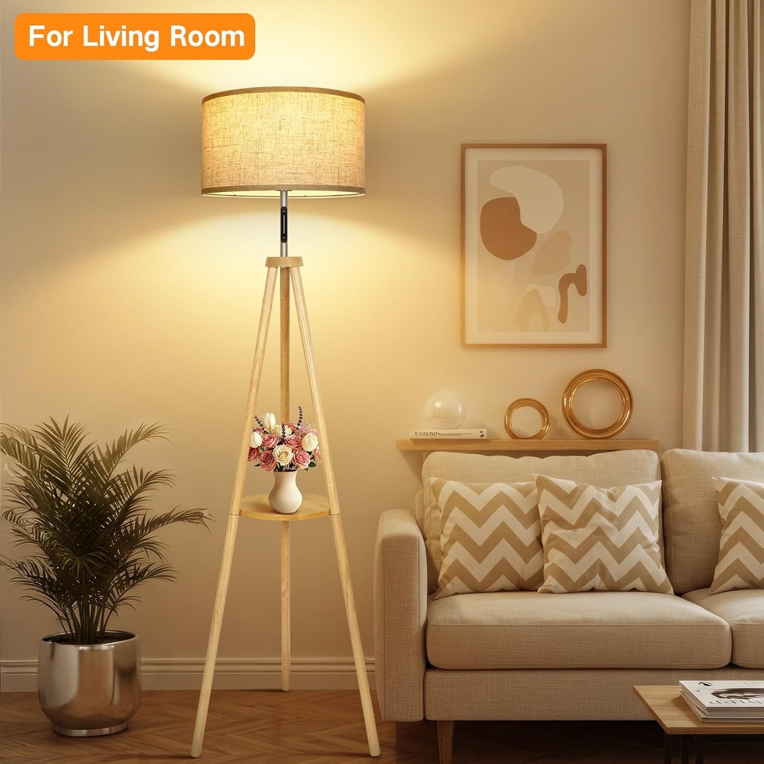 Wooden Tripod Floor Lamp Touch Remote Dimmable Shelf Linen