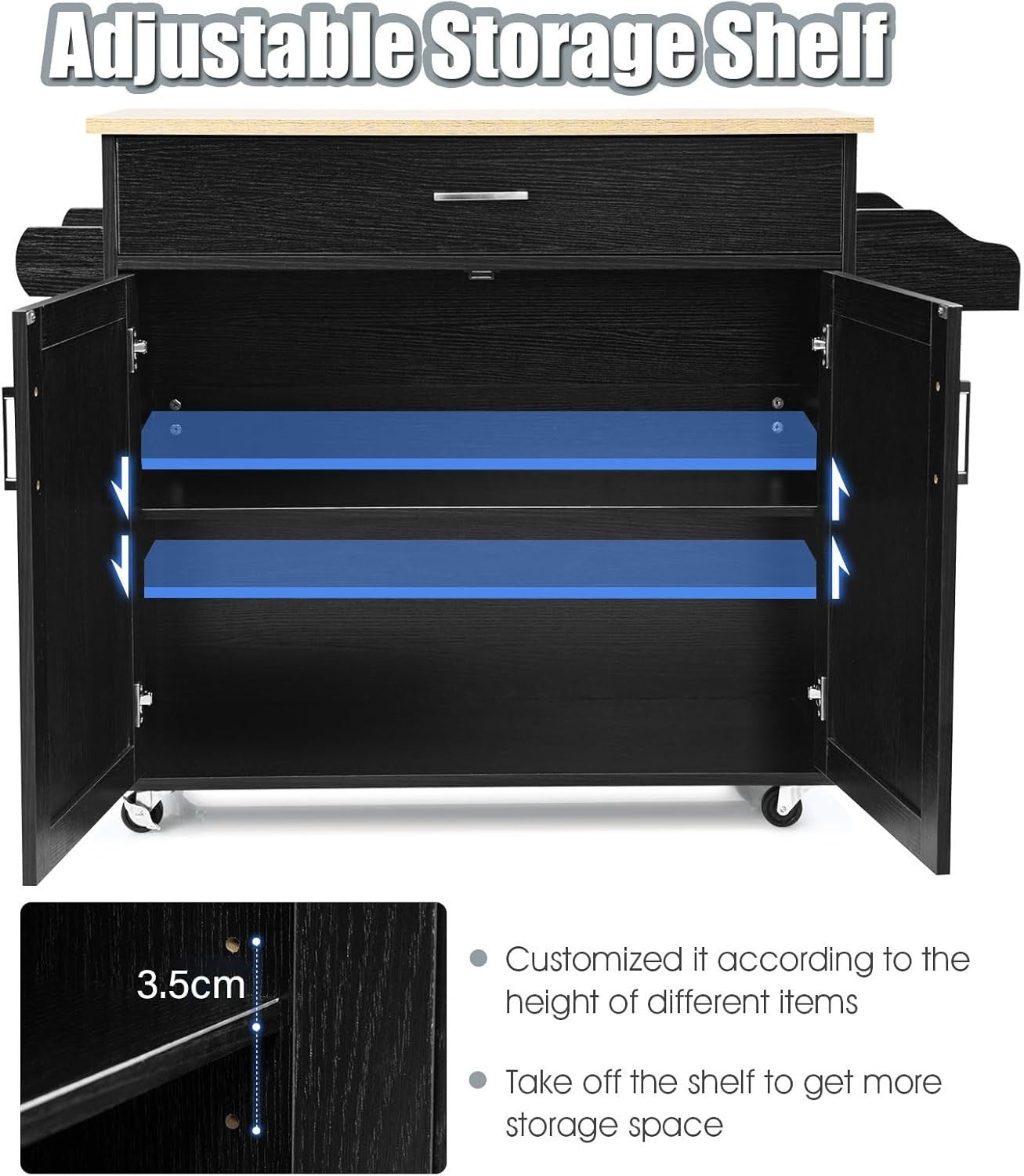Large Kitchen Island Trolley Drawer Cabinet 116cm Black
