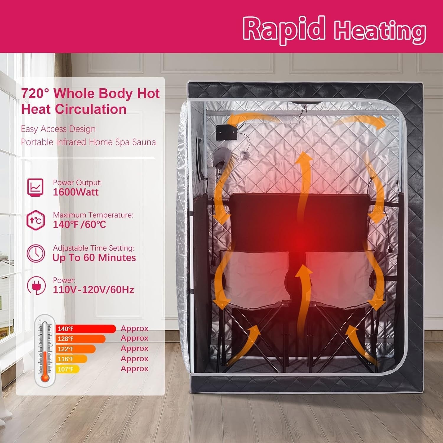 2 Person Infrared Sauna Tent Full-Size Home Spa Fast-Heat Portable Box w/ Chairs