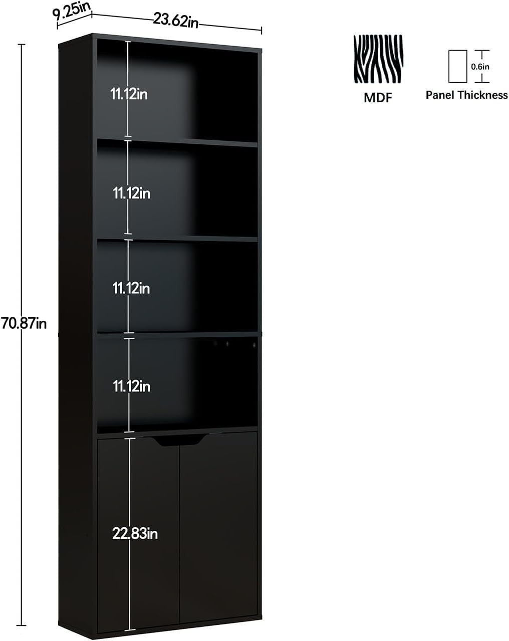 Tall 6 Tier Bookcase with Doors Modern Storage Cupboard Free Standing Shelves