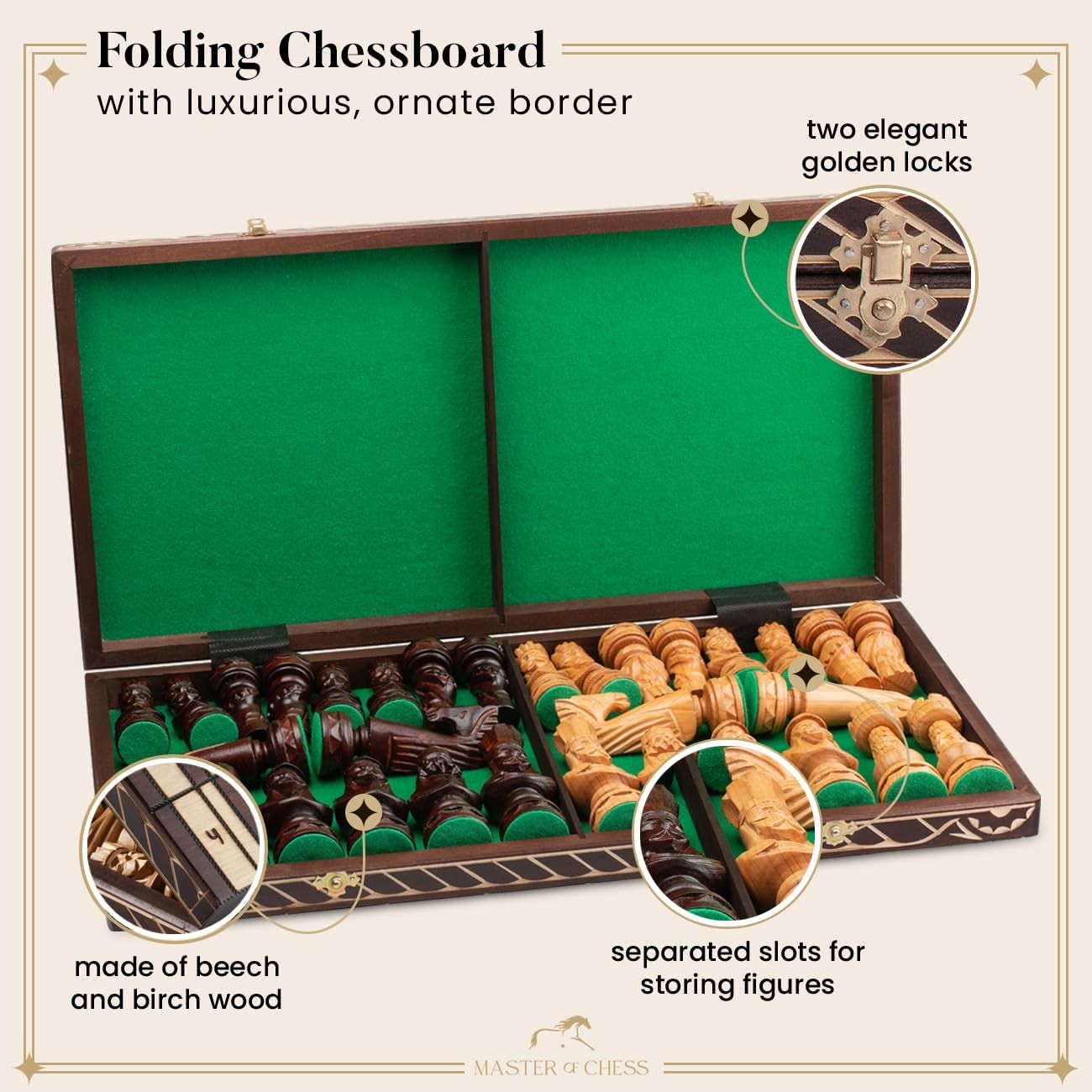 60cm Luxury Inlaid Wooden Chess Set – Large Folding Board & Weighted Pieces
