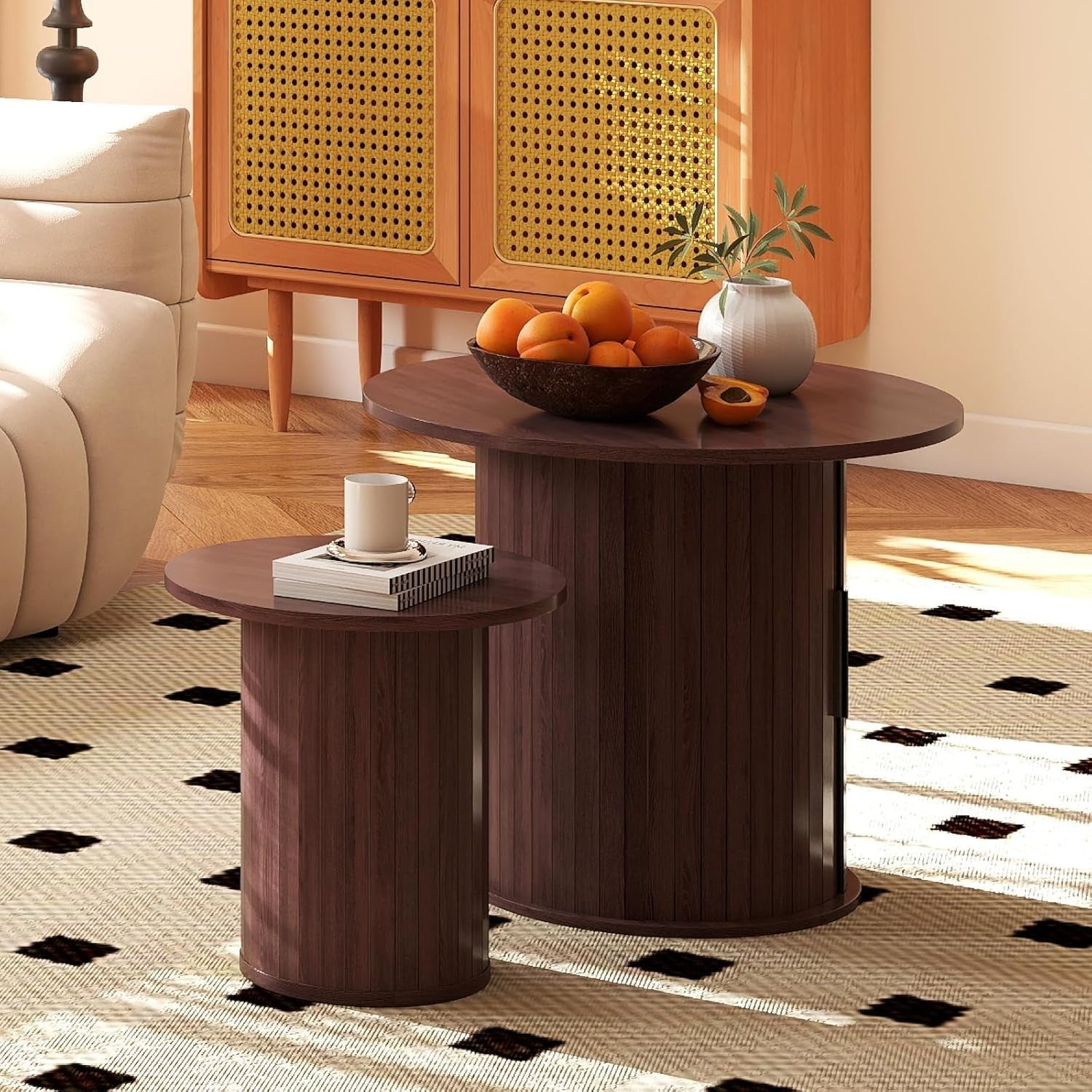2-Piece 60cm Round Nesting Coffee Table Set with Hidden Storage, Dark Brown