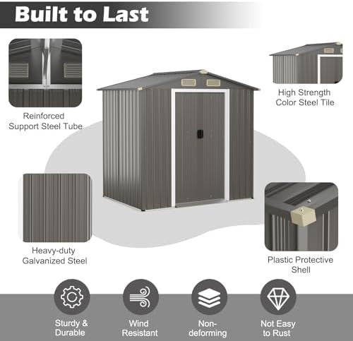 6x4FT Metal Garden Shed Outdoor Storage House Lockable Sliding Doors Grey