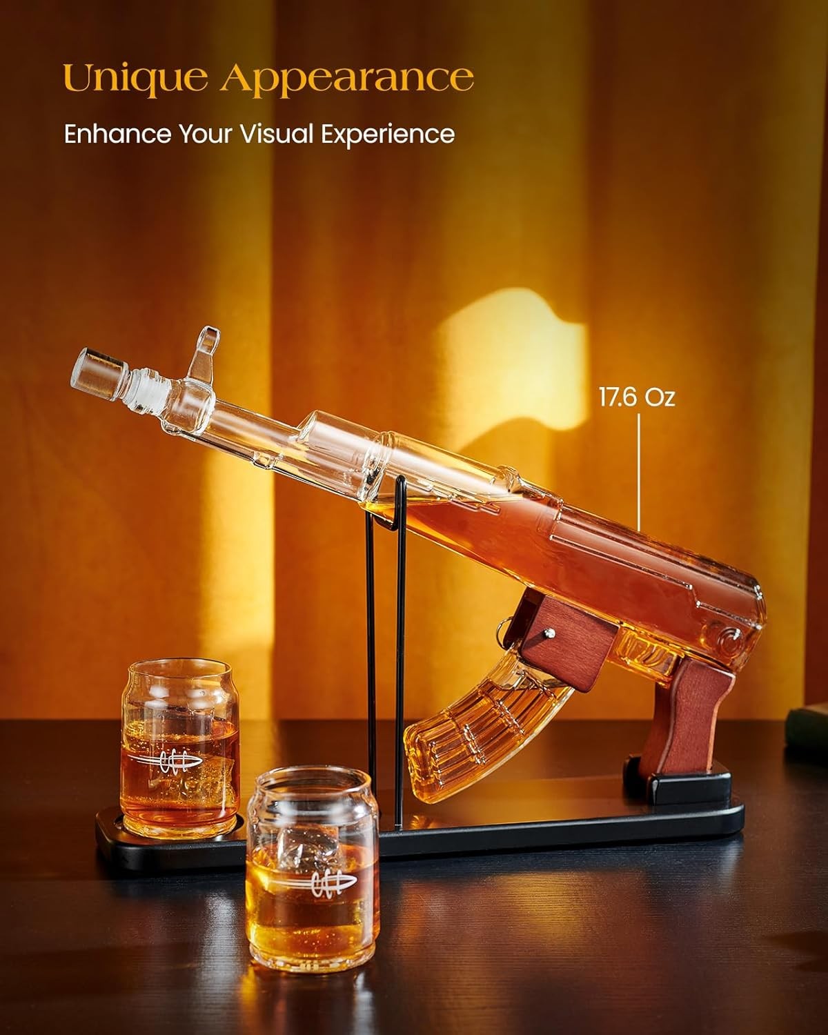 Gun Style Whiskey Decanter Set 17.6oz with Stand & 2 Glasses – Unique Gift for M