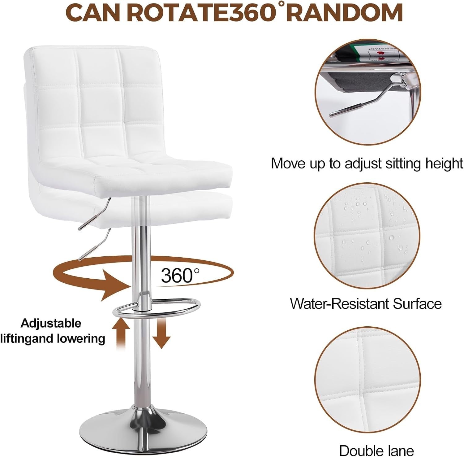 2PC White PU Leather Bar Stools – Adjustable 360° Swivel foot rest for Kitchen C