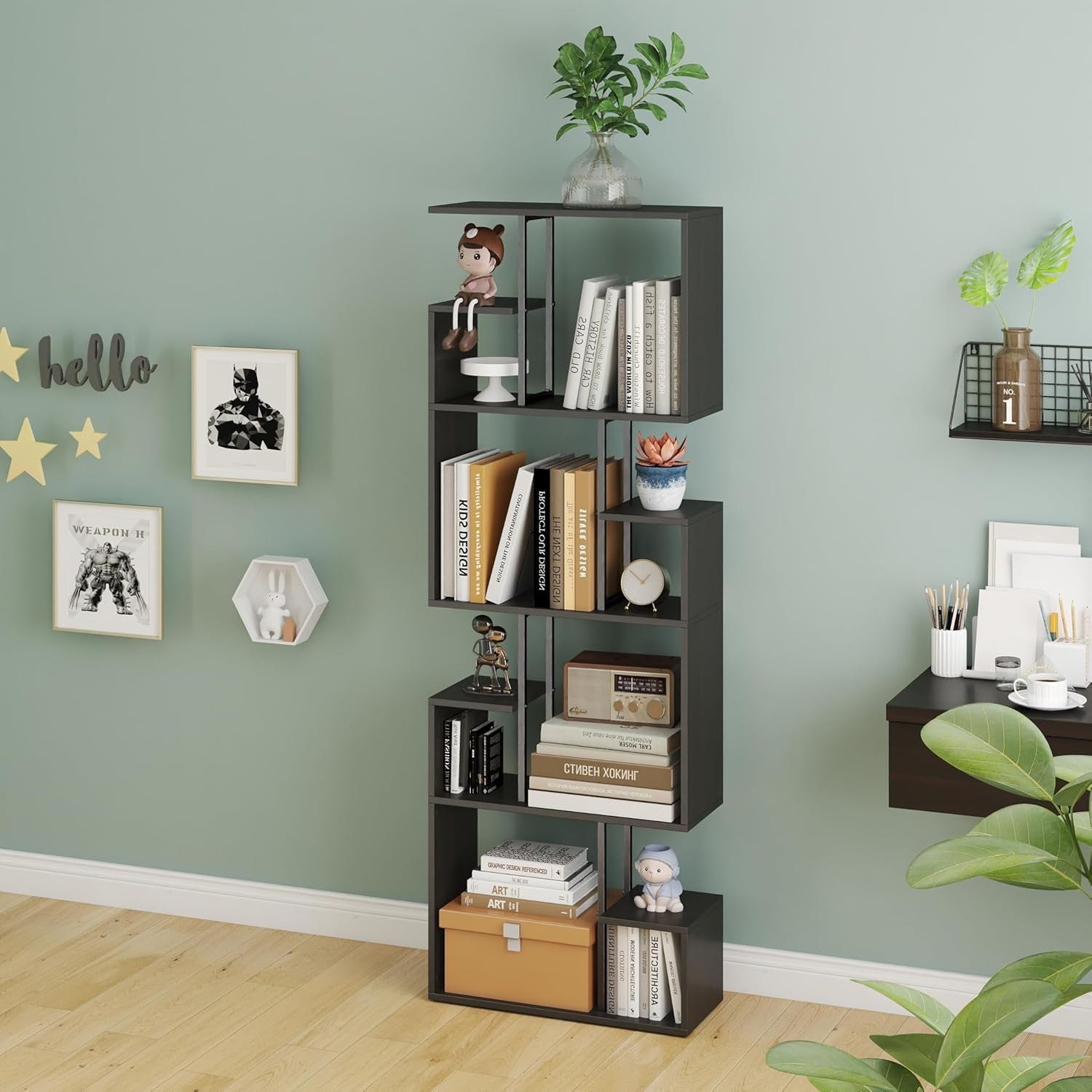 Black 4-Tier Slim Bookcase Room Divider, Modern Asymmetric Display Shelf