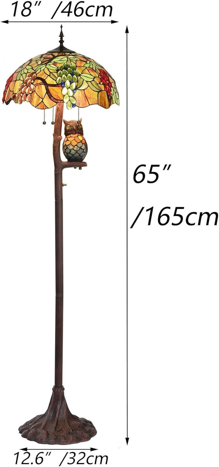 Stained Glass Floor Lamp 65" Tall, 18" Shade, Owl Design, 4-Light Antique