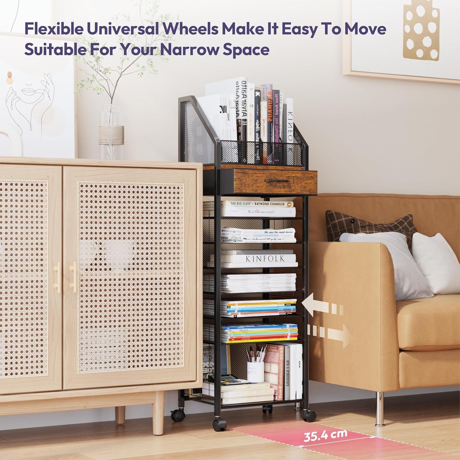 9-Tier Rolling File Cart with Drawer & Trays – Mobile Desk Organizer