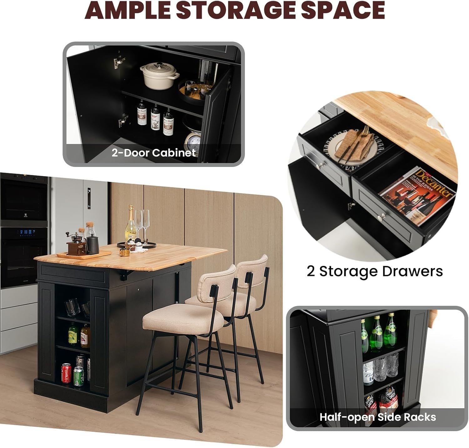 Extendable Kitchen Island with Storage Drawers & Adjustable Shelves