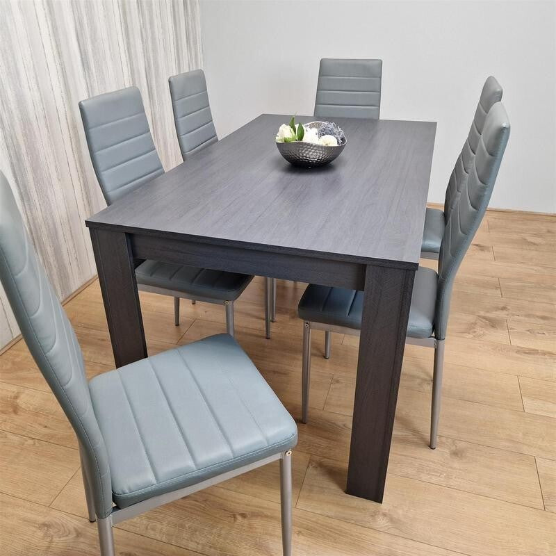 Dark Grey Dining Table Set with 6 Faux Leather Chairs Modern Kitchen